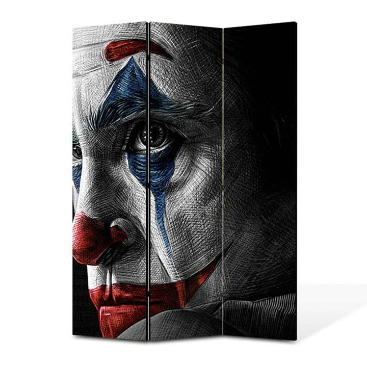 Paravan 3 piese Premium TrueColor, Art Star, Joker cu ochii tristi si plini de razbunare, Animatii, Panza pe cadru de lemn, Decoratiuni Moderne pentru Casa, 3 Panouri de 35x180, 105 x 180 cm
