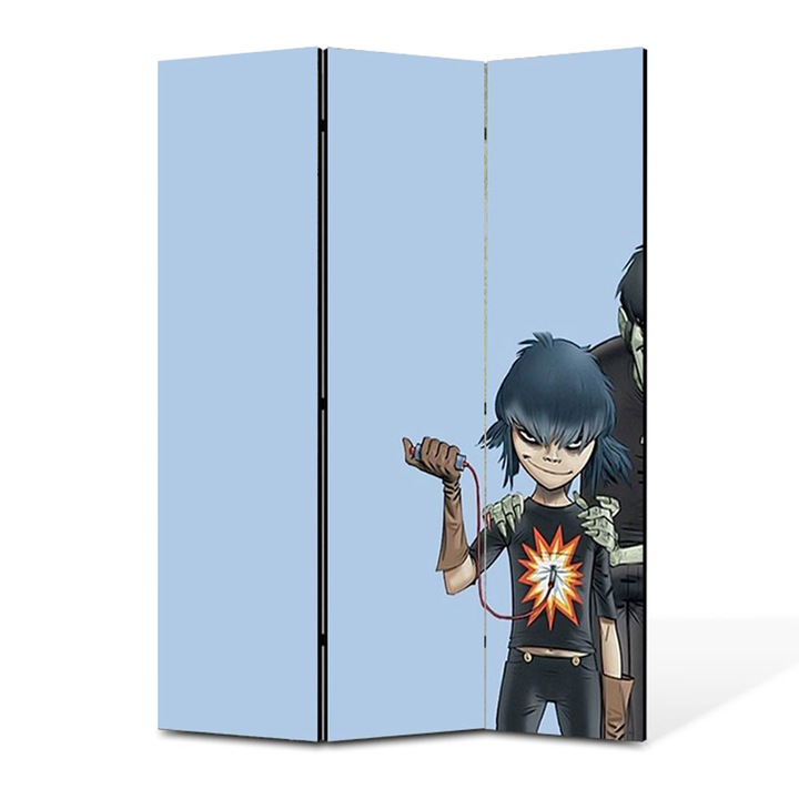 Paravan 3 piese Premium TrueColor, Art Star, Gorillaz Noodle si Murdoc pe fundal albastru, Animatii, Panza pe cadru de lemn, Decoratiuni Moderne pentru Casa, 3 Panouri de 45x150, 135 x 150 cm
