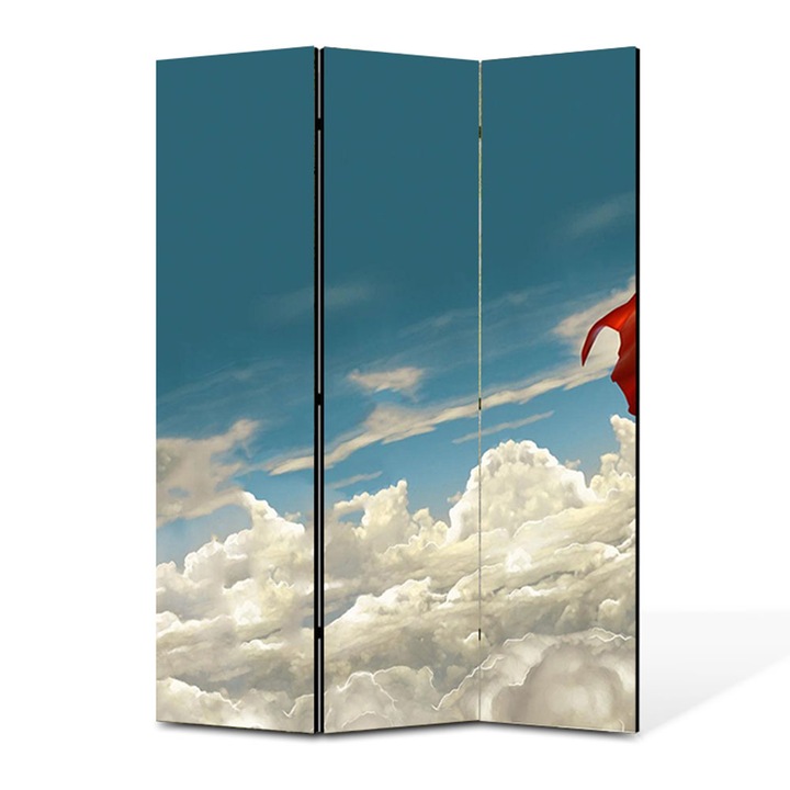 Paravan 3 piese Premium TrueColor, Art Star, Superwoman pe nori, Animatii, Panza pe cadru de lemn, Decoratiuni Moderne pentru Casa, 3 Panouri de 45x150, 135 x 150 cm