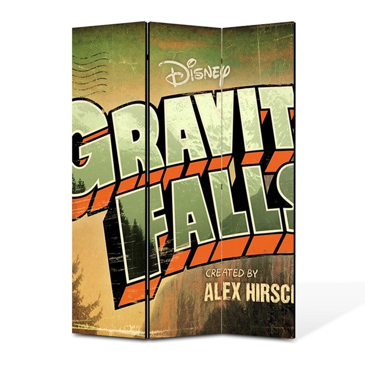 Paravan 3 piese Premium TrueColor, Art Star, Gravity Falls si peisajul, Animatii, Panza pe cadru de lemn, Decoratiuni Moderne pentru Casa, 3 Panouri de 45x180, 135 x 180 cm