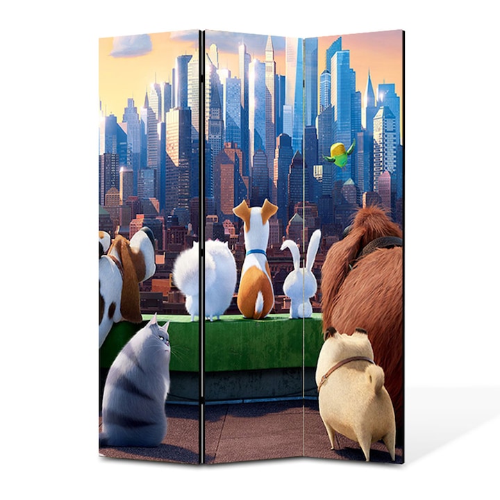Paravan 3 piese Premium TrueColor, Art Star, Viata Secreta a Animalelor privind orasul, Animatii, Panza pe cadru de lemn, Decoratiuni Moderne pentru Casa, 3 Panouri de 35x150, 105 x 150 cm