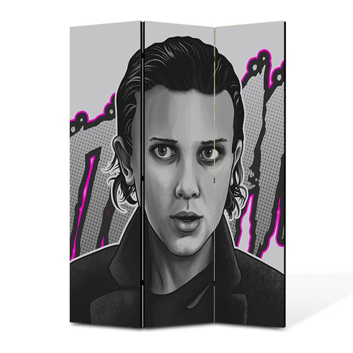 Paravan 3 piese Premium TrueColor, Art Star, Eleven Stranger Things cu parul aranjat, Animatii, Panza pe cadru de lemn, Decoratiuni Moderne pentru Casa, 3 Panouri de 35x150, 105 x 150 cm