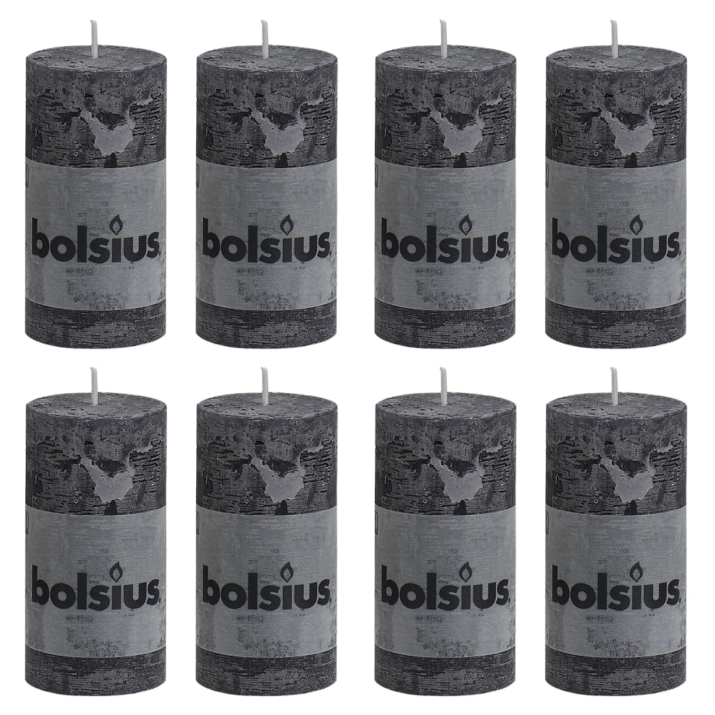 Set de 8 lumanari bloc rustice, Bolsius, Parafina, 100 x 50 mm, Gri