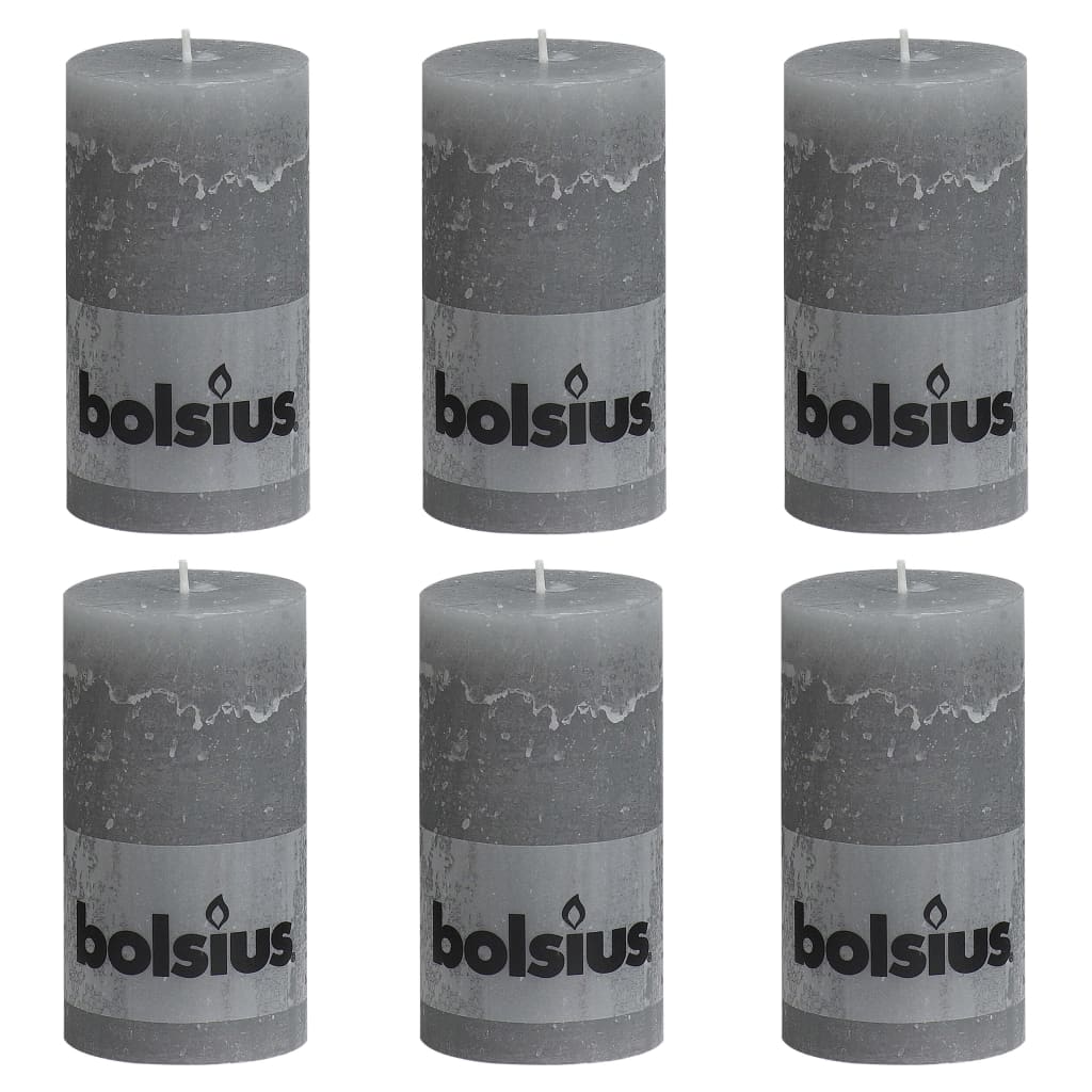 Set de 6 lumanari bloc rustice, Bolsius, Parafina, 130 x 68 mm, Gri