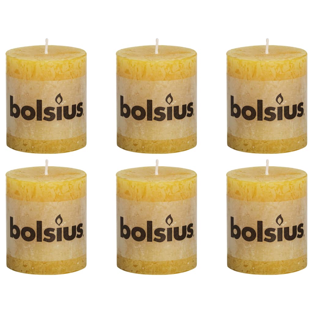 Set de 6 lumanari bloc rustice, Bolsius, Parafina, 80 x 68 mm, Galben