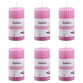 Set de 6 lumanari striate parfumate cu miros de magnolie, Bolsius, Parafina, 120 x 58 mm, Roz Set de 6 lumanari striate parfumate cu miros de magnolie, Bolsius, Parafina, 120 x 58 mm, Roz