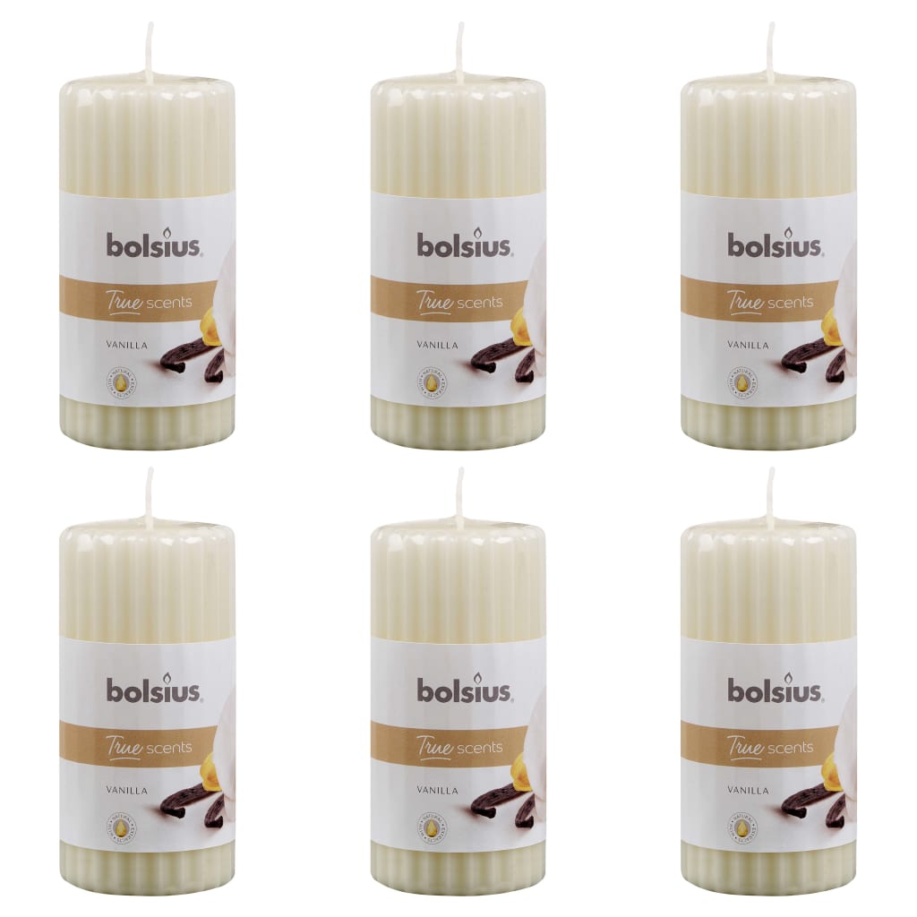 Set de 6 lumanari striate parfumate cu miros de vanilie, Bolsius, Parafina, 120 x 58 mm, Crem