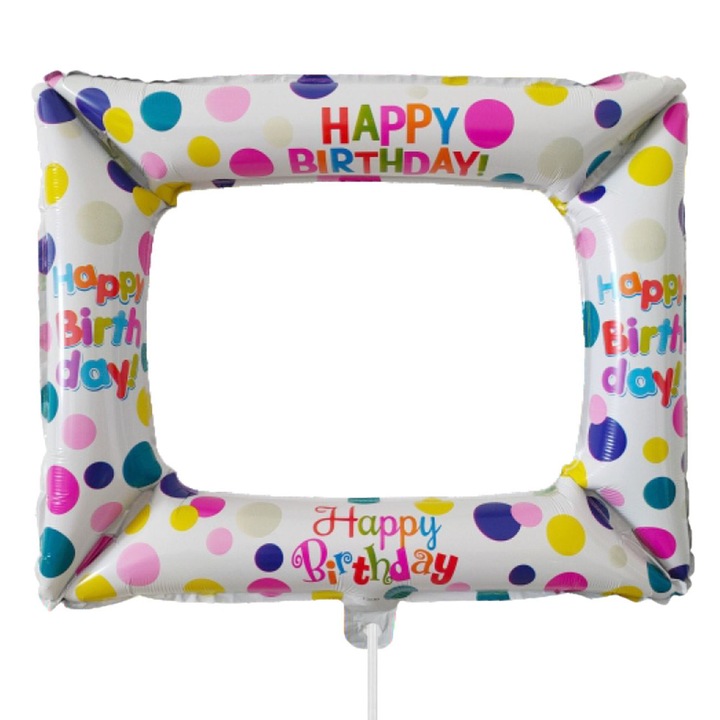 Балон във формата на рамка за снимка, Zola, Happy Birthday, бял на разноцветни точки, 50x59 см