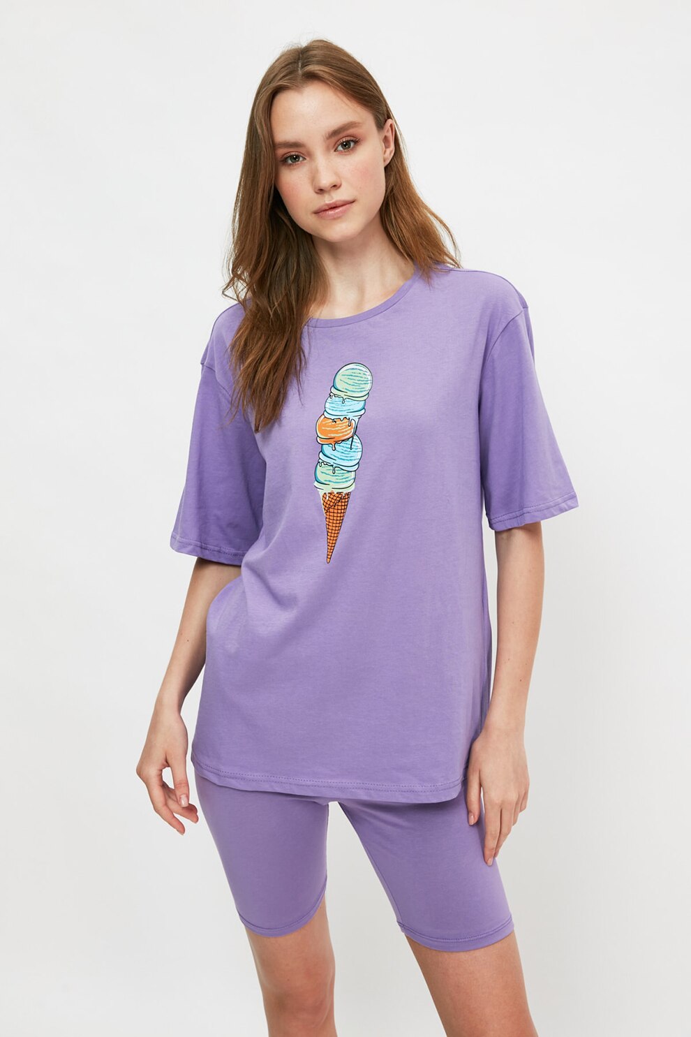 Trendyol, Pijama de bumbac cu imprimeu grafic, Purpuriu