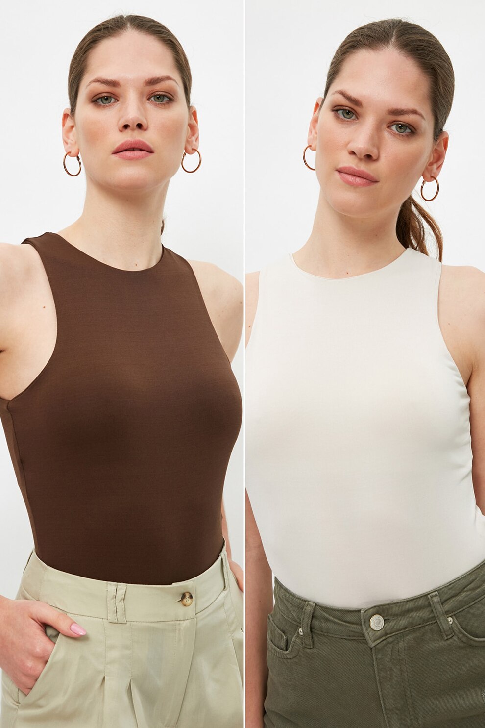Trendyol, Set de body-uri fara maneci - 2 piese, Maro/Alb