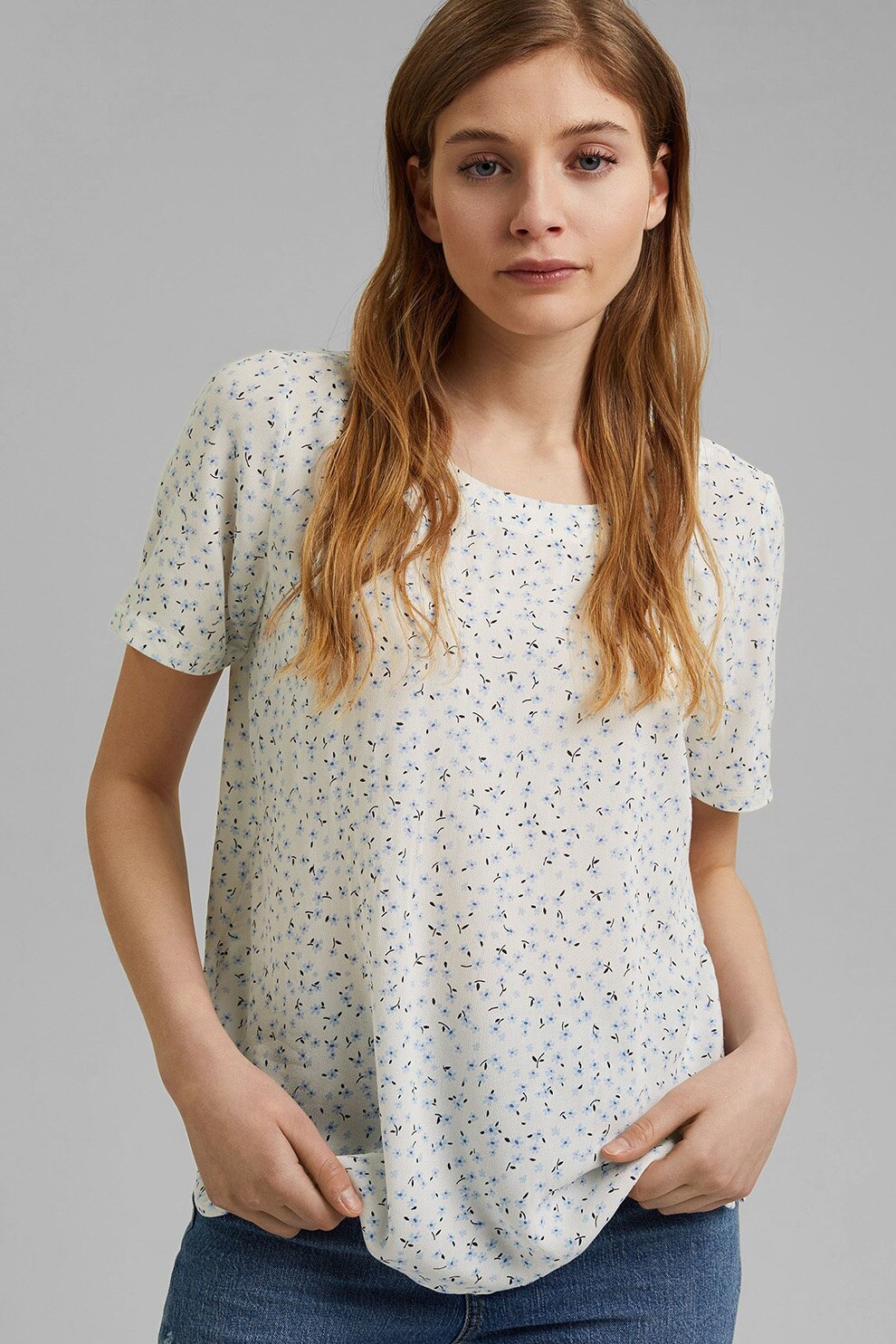 EDC by Esprit, Tricou vaporos cu model, Alb/Albastru