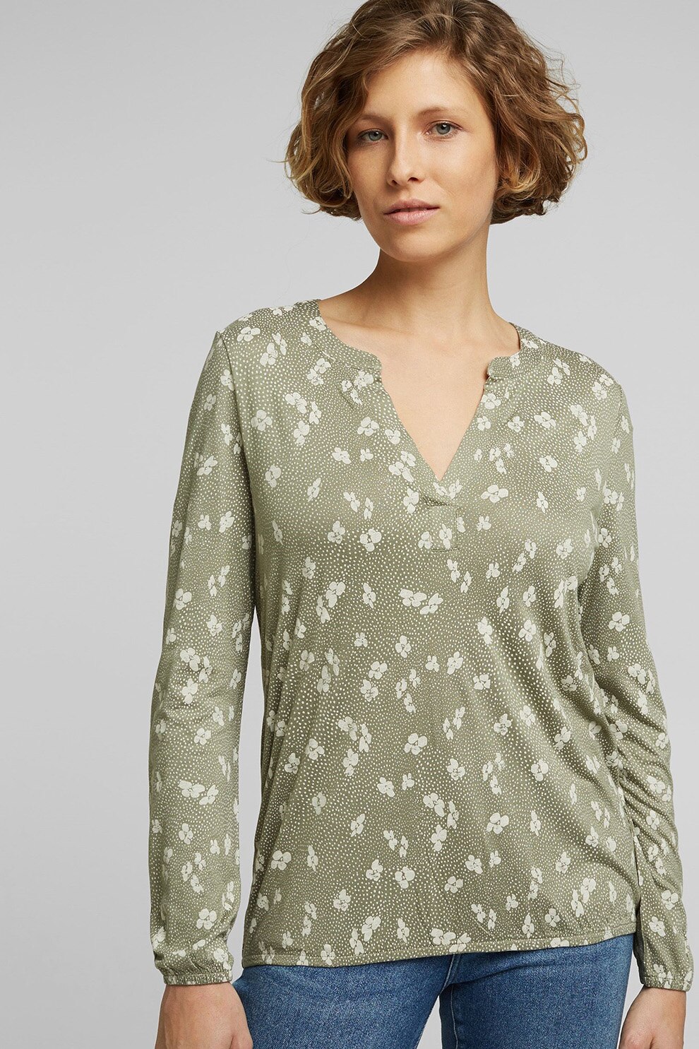 Esprit, Bluza de viscoza cu imprimeu floral, Kaki/Alb