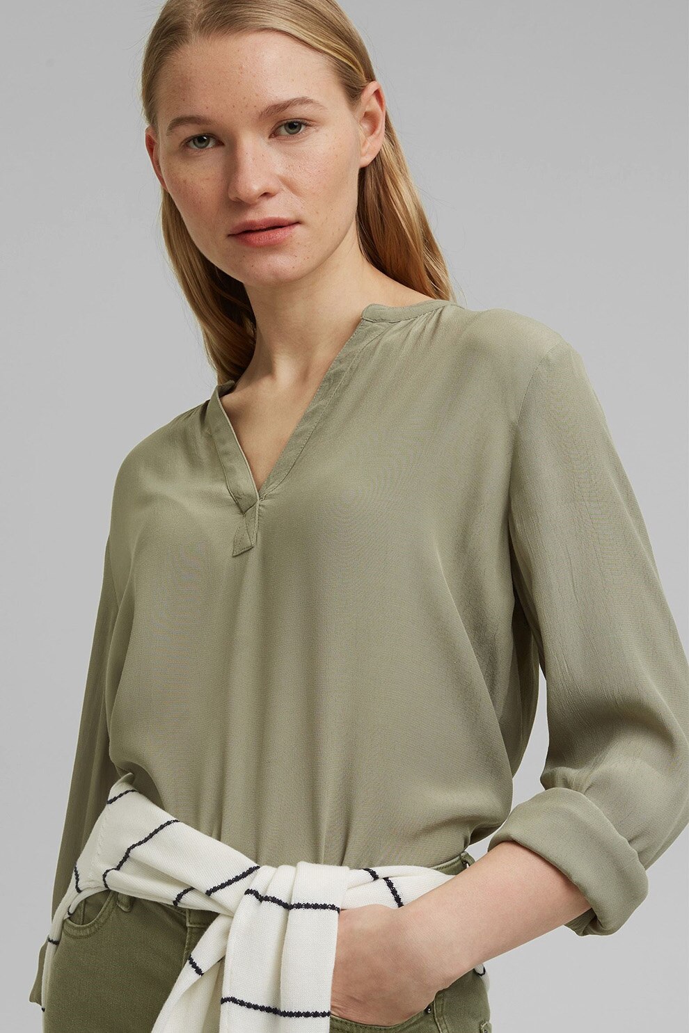 Esprit, Bluza din viscoza cu maneci lungi, Kaki