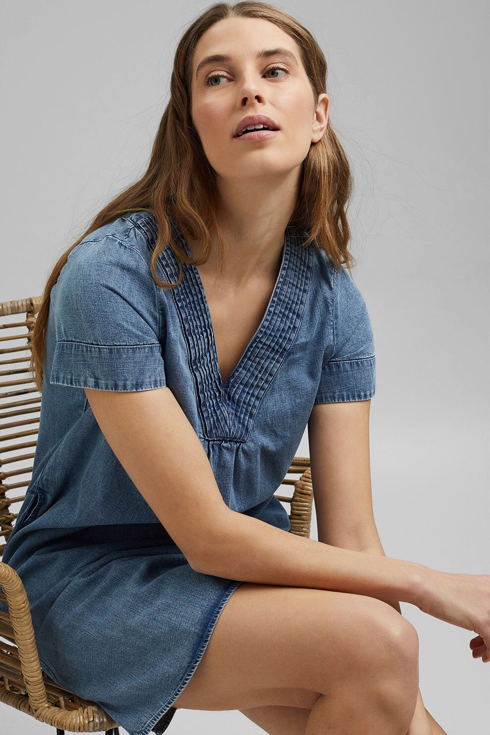 Esprit, Rochie din chambray cu decolteu in V, Albastru melange