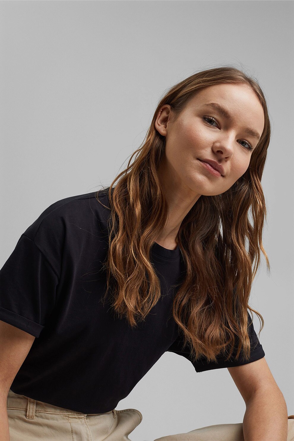 Esprit, Tricou de bumbac organic cu maneci cazute, Negru