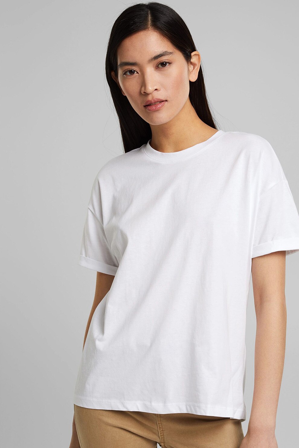 Esprit, Tricou de bumbac organic cu maneci cazute, Alb