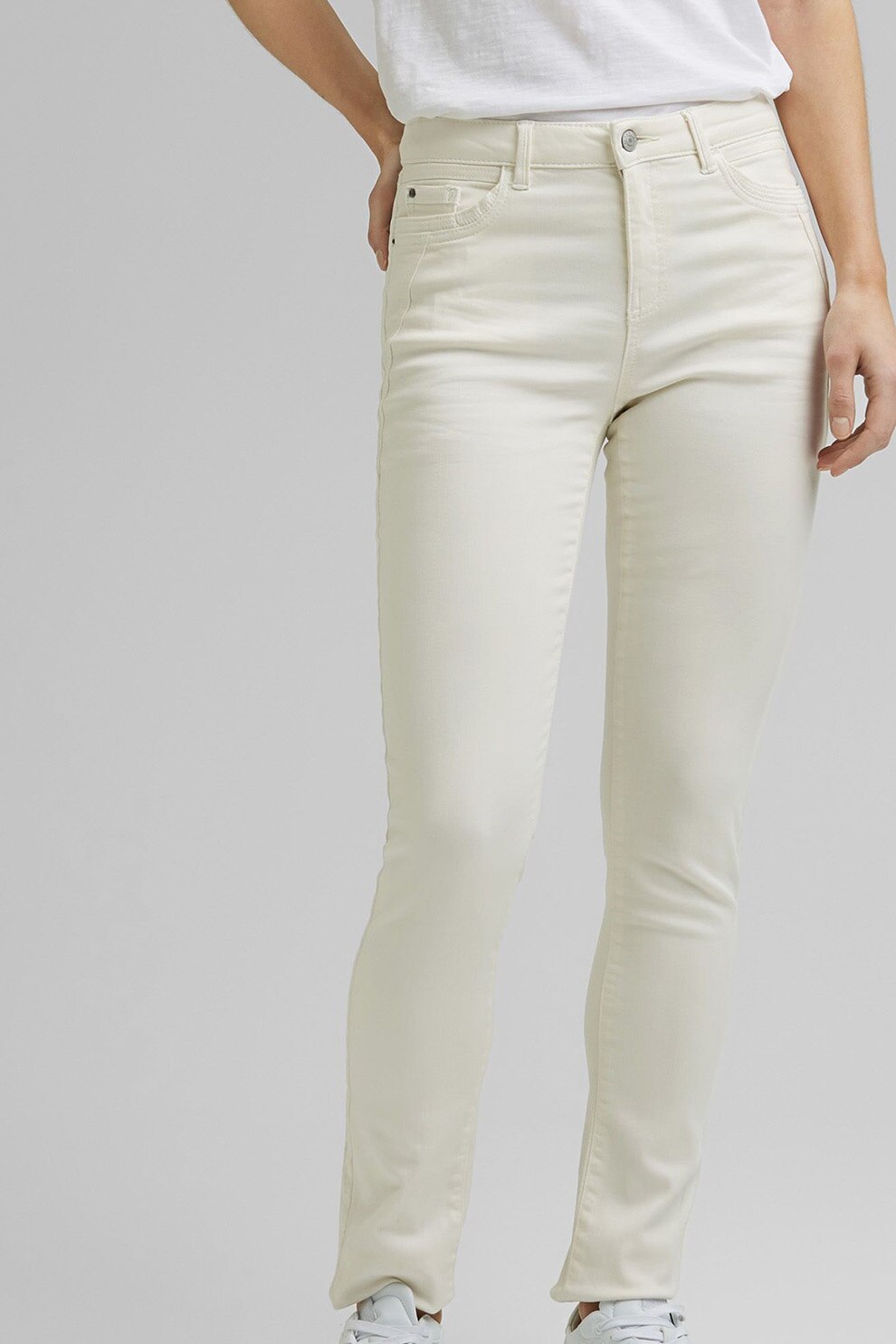Esprit, Pantaloni slim fit cu talie medie, Alb prafuit