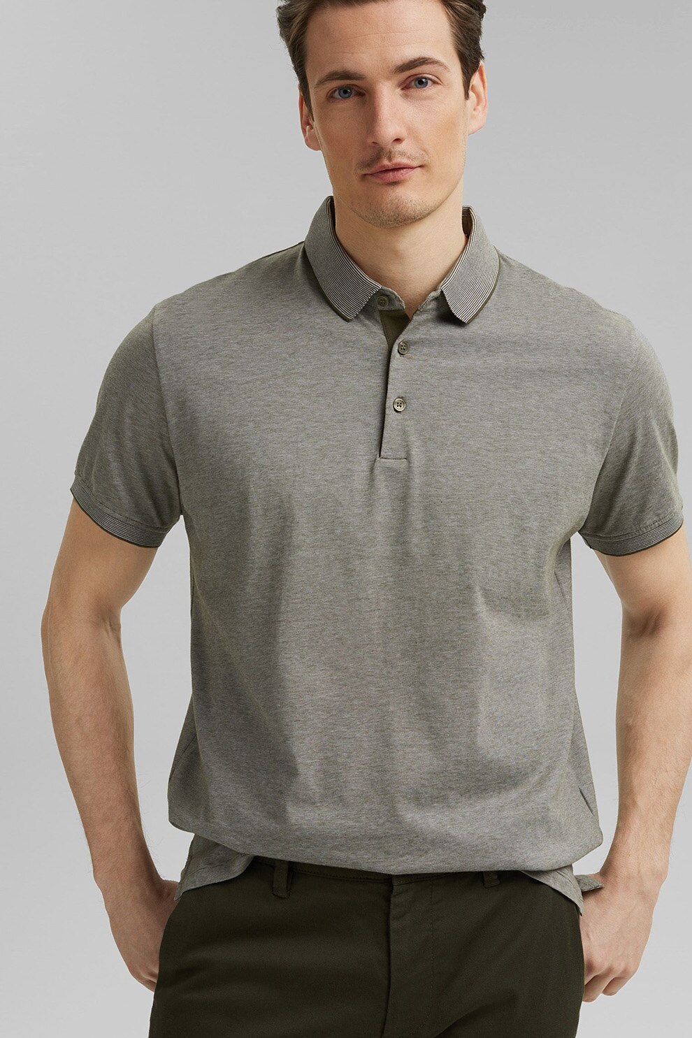 Esprit, Tricou polo regular fit de bumbac organic, Verde melange