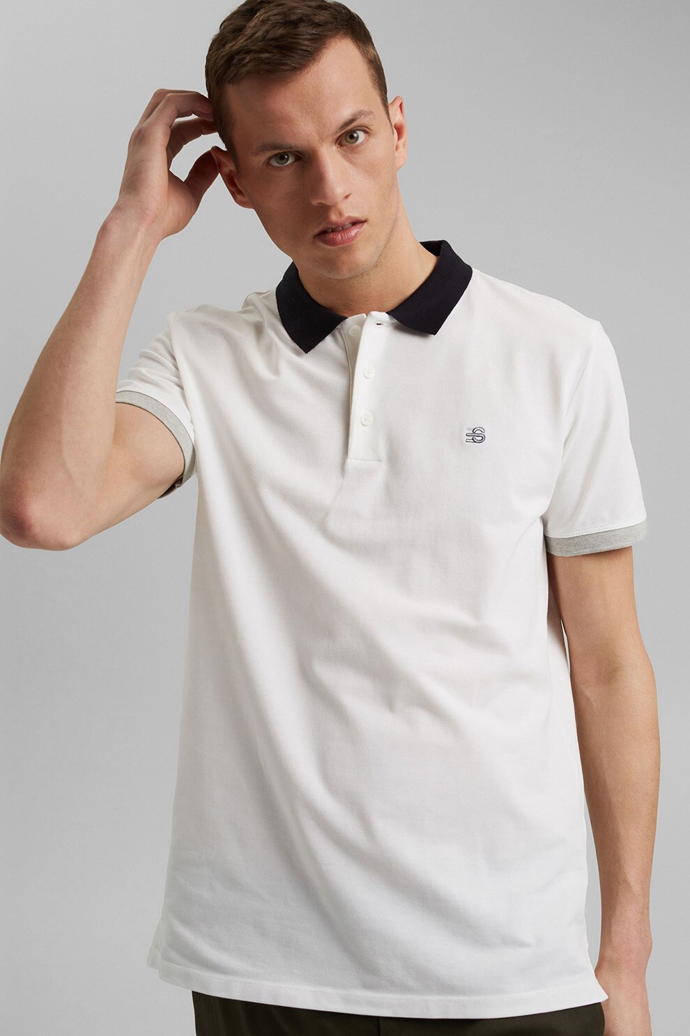Esprit, Tricou polo slim fit cu material pique, Alb/Negru