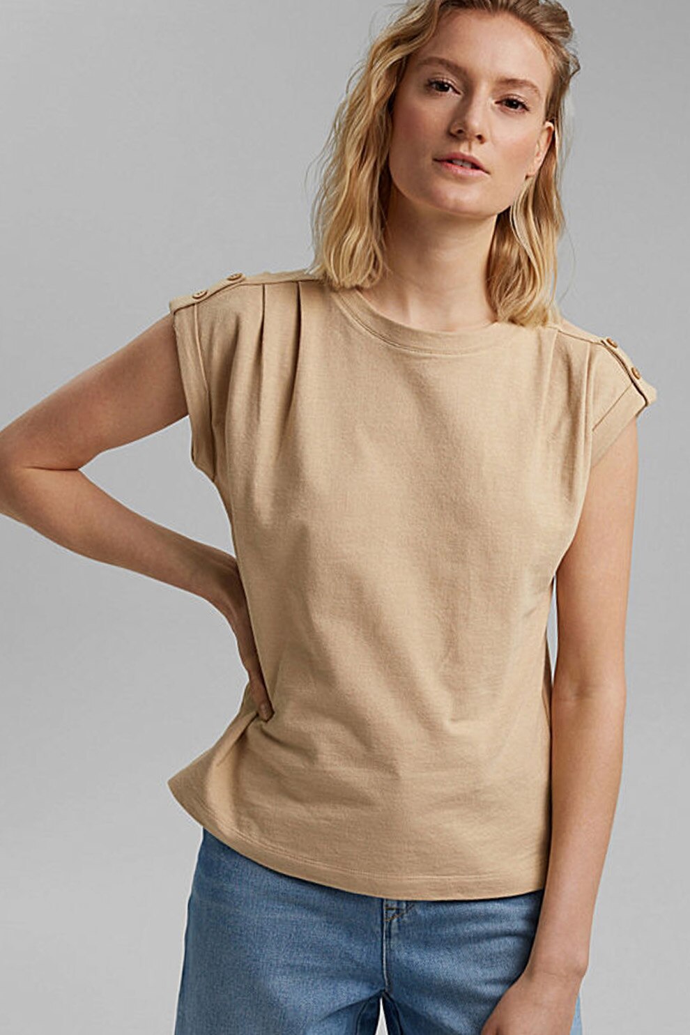 Esprit, Tricou din amestec de bumbac organic, Maro camel