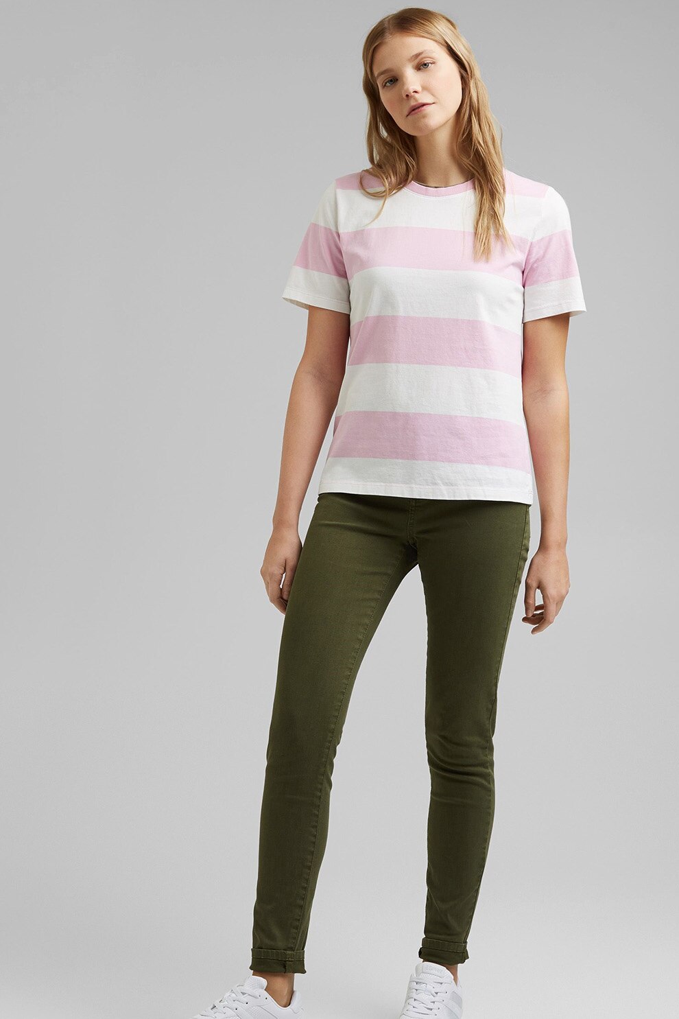 EDC by Esprit, Tricou de bumbac organic cu dungi, Roz pastel/Alb, L