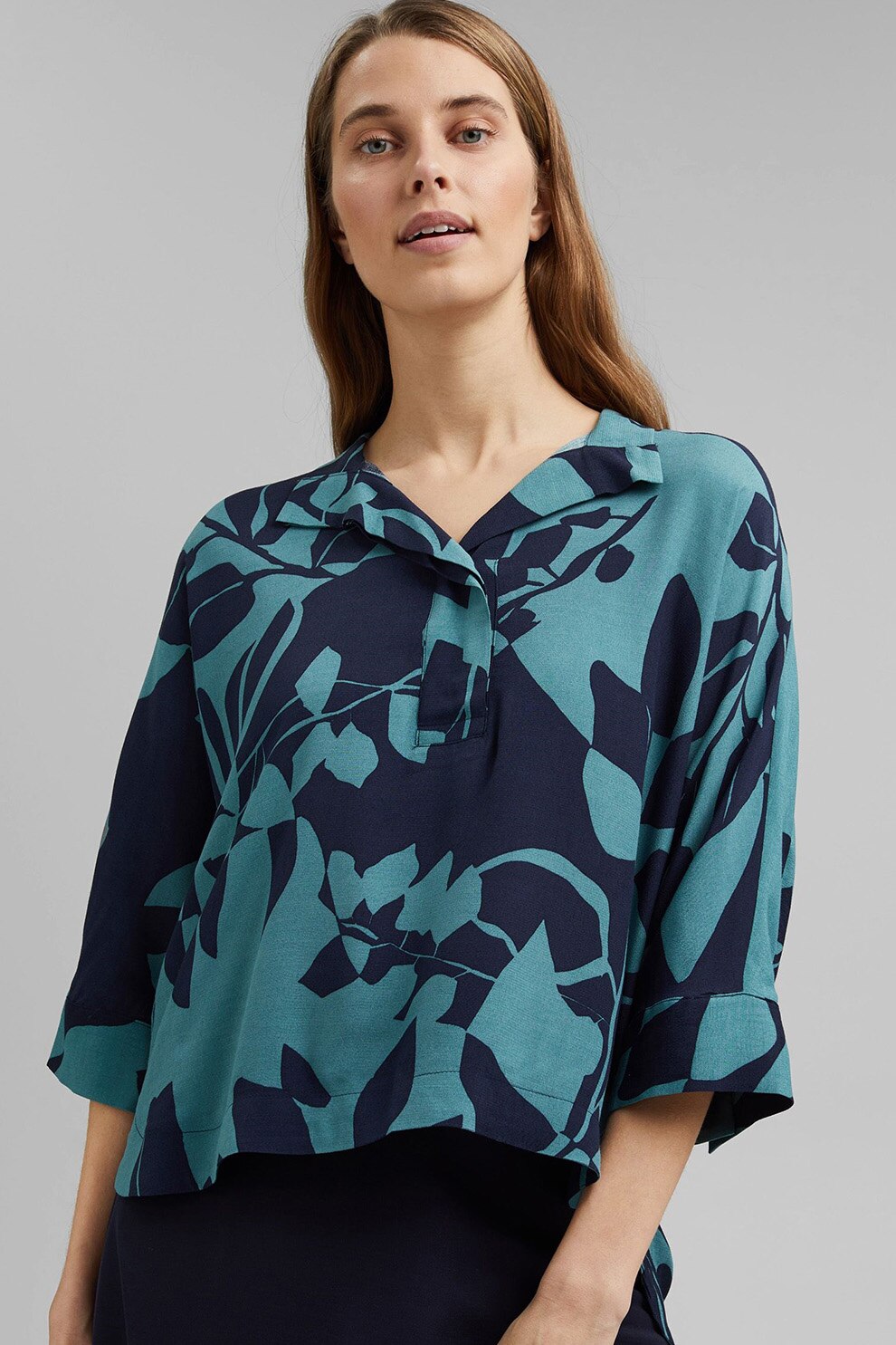 Esprit, Bluza vaporoasa cu imprimeu si model asimetric, Bleumarin/Verde persan, XS