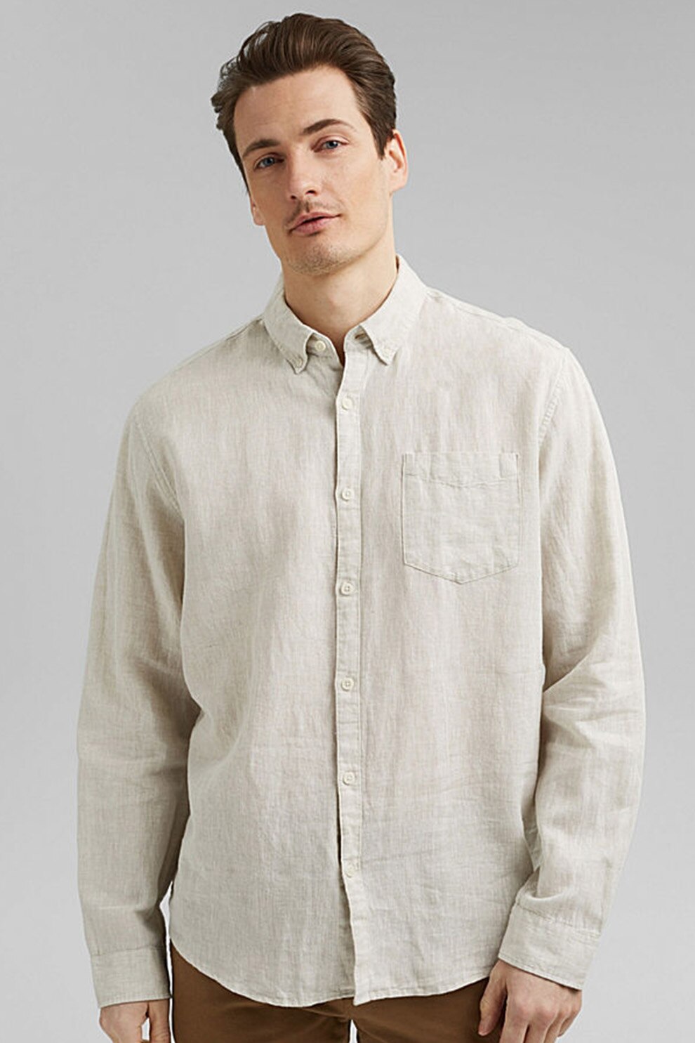 Esprit, Camasa regular fit din amestec de in, Maro nisip