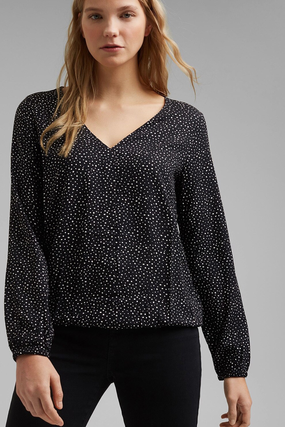 EDC by Esprit, Bluza cu decolteu in V si buline, bleumarin inchis, alb, S