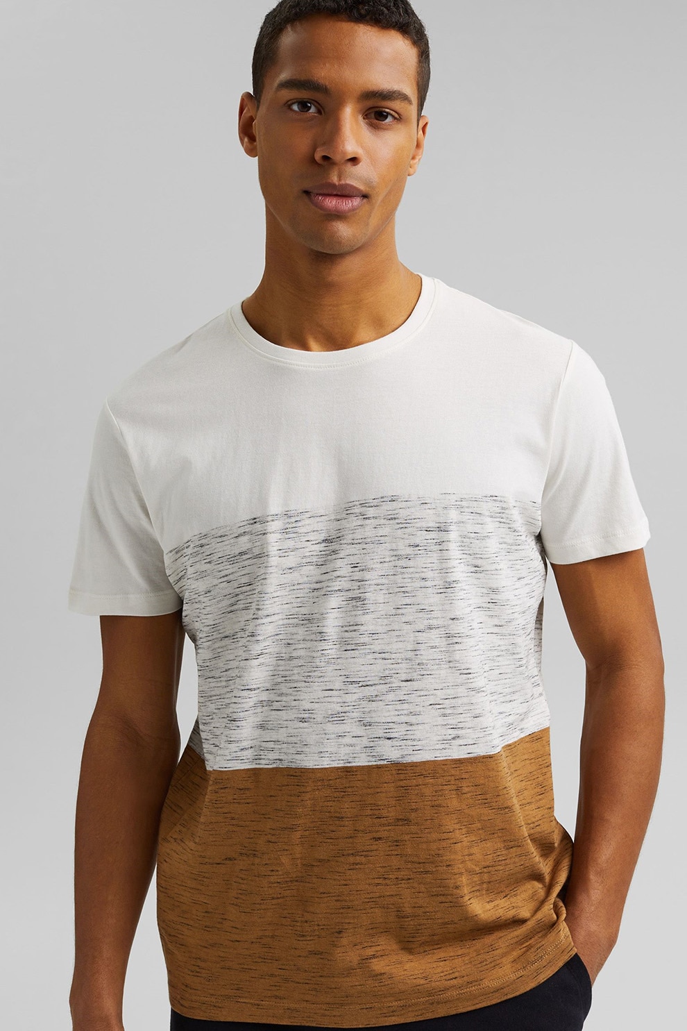 EDC by Esprit, Tricou cu dungi si model colorblock, alb, maro, gri melange deschis, S