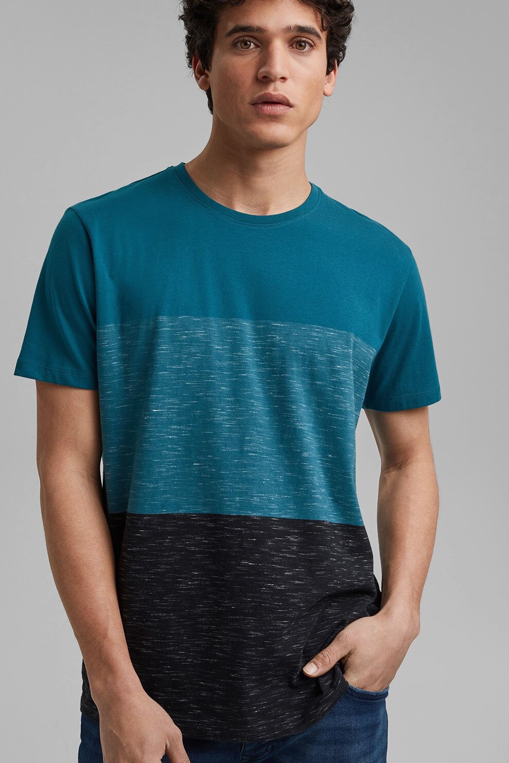 EDC by Esprit, Tricou cu dungi si model colorblock, albastru petrol, negru melange, S