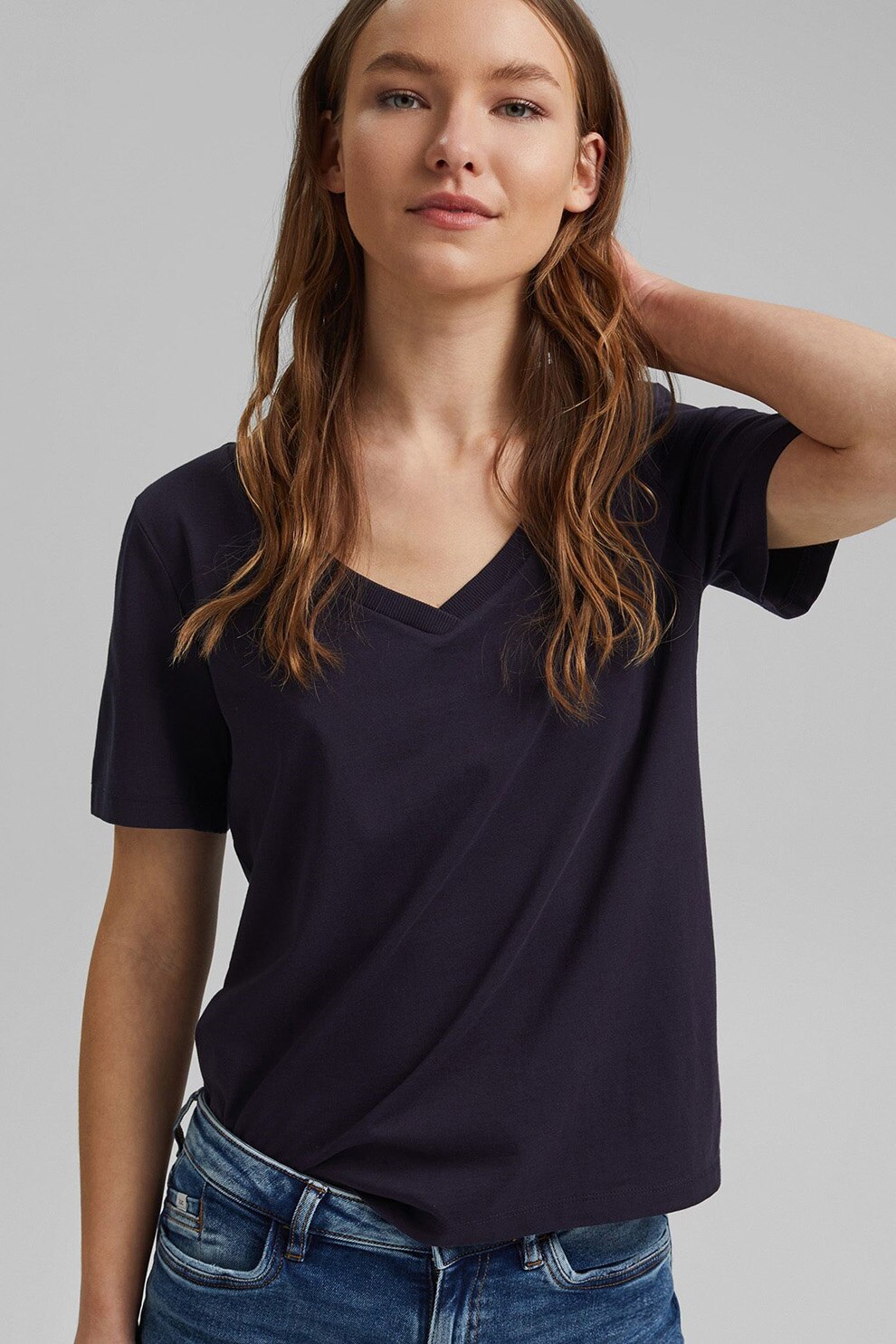 EDC by Esprit,Tricou de bumbac organic cu decolteu in V, Bleumarin inchis, S