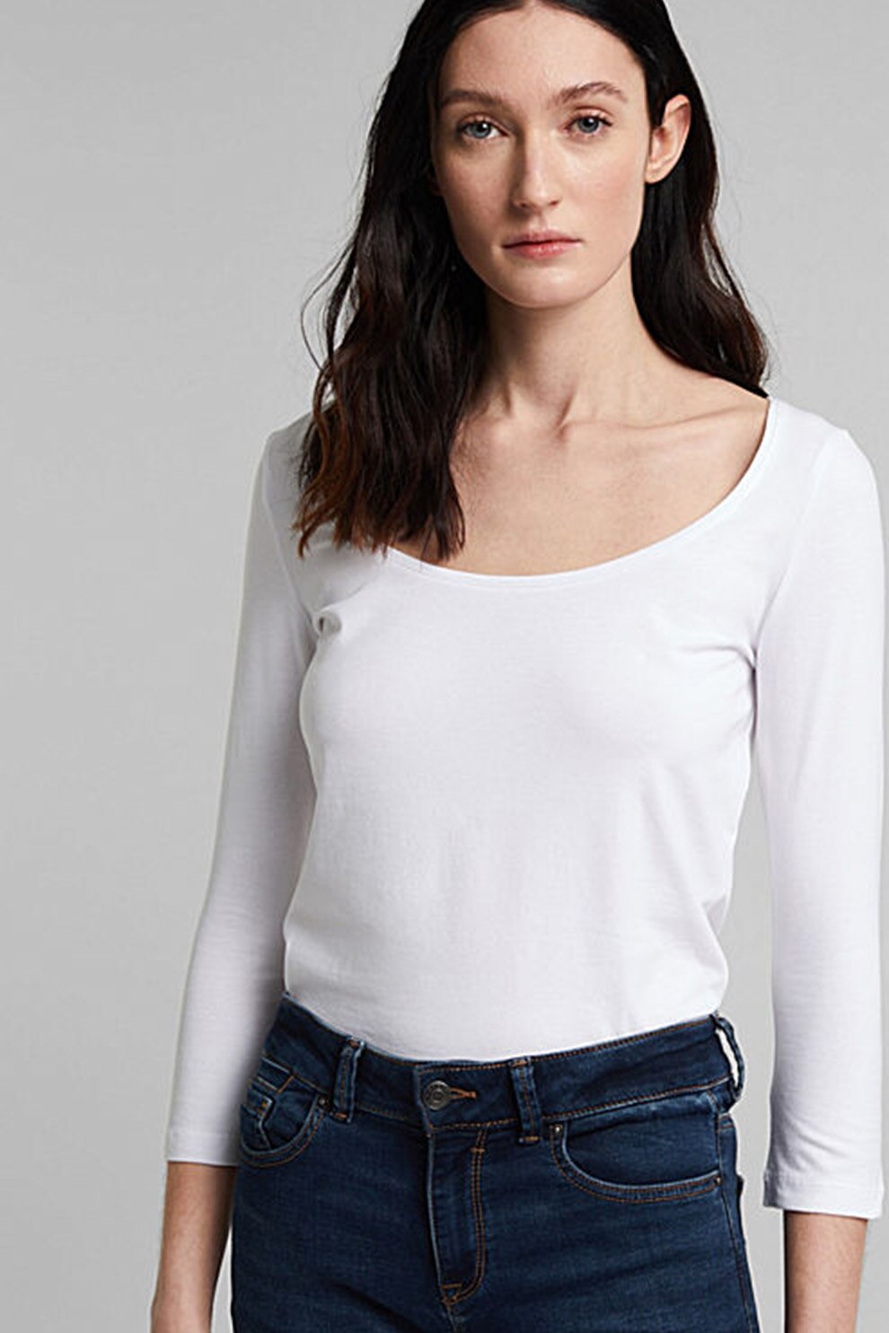 Esprit, Bluza cu decolteu rotund si maneci 3/4, Alb, XL