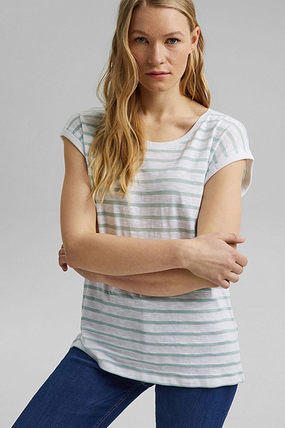 Esprit, Tricou din amestec de bumbac organic, cu dungi, Alb/Verde deschis