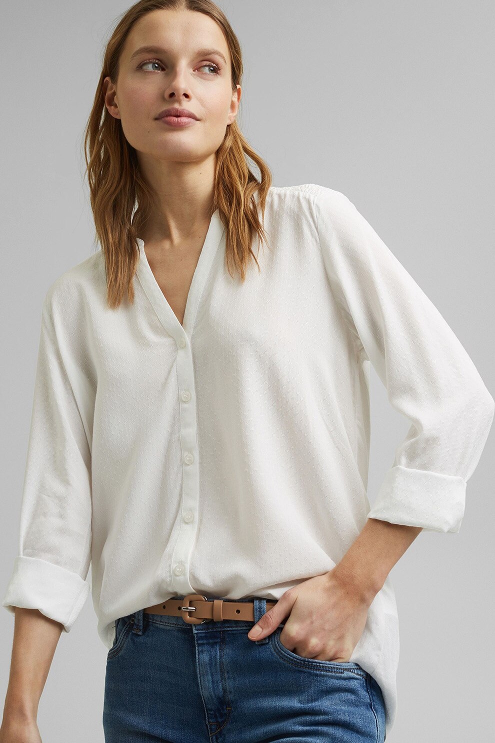 Esprit, Camasa lejera cu decolteu in V, Alb, XL