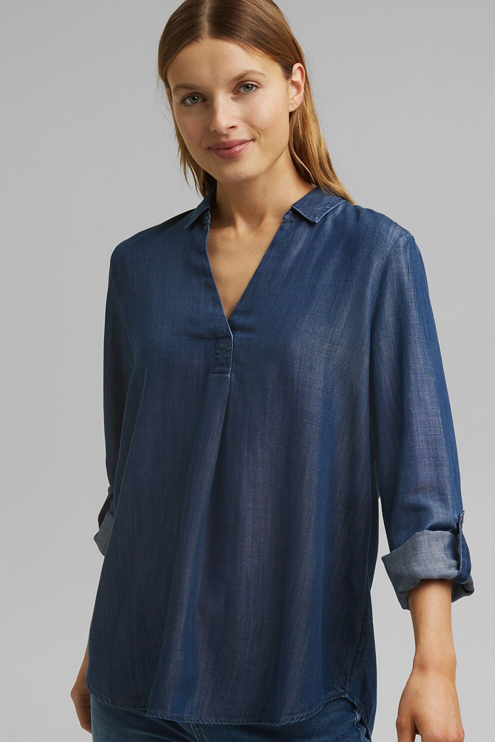 Esprit, Bluza din lyocell cu decoltu in V, Bleumarin, S