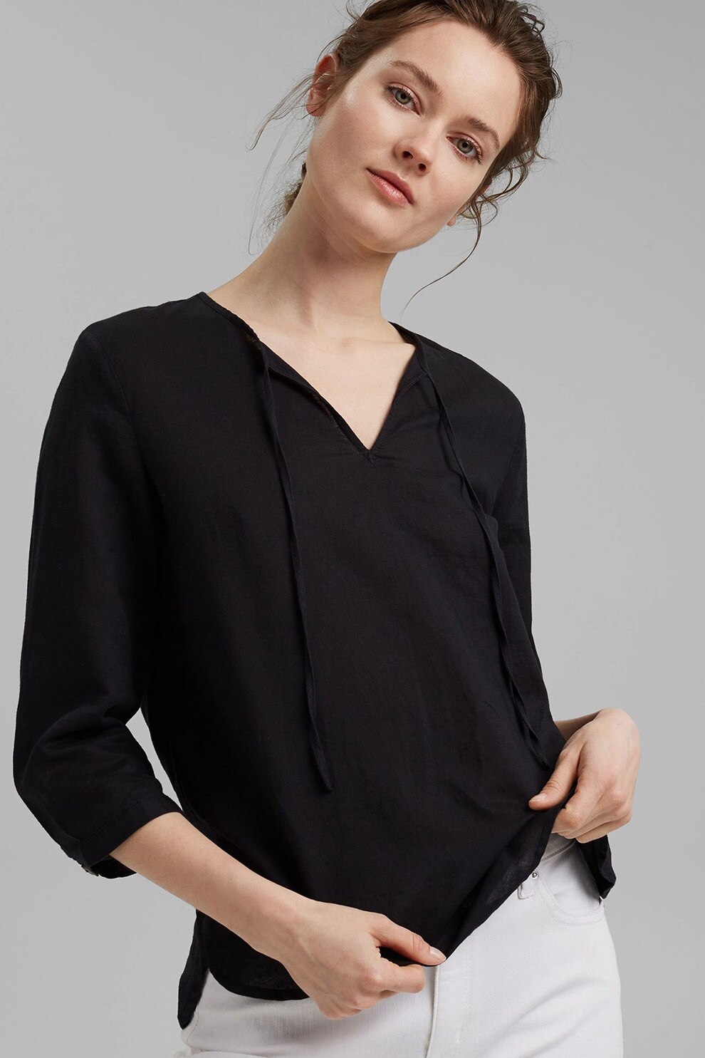 Esprit, Bluza din amestec de in cu maneci 3/4, Negru