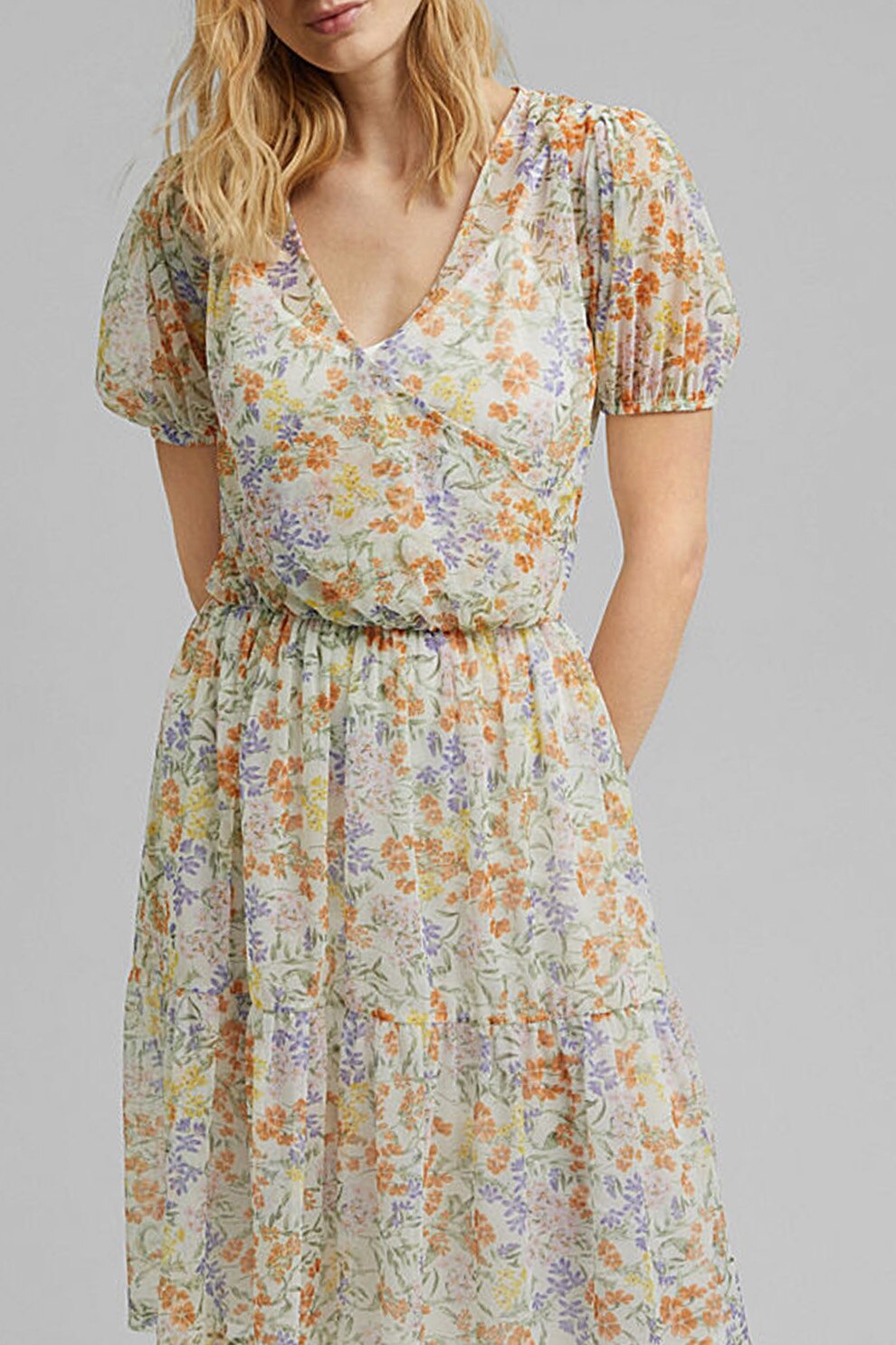 Esprit, Rochie evazata cu imprimeu floral, Alb/Albastru/Oranj