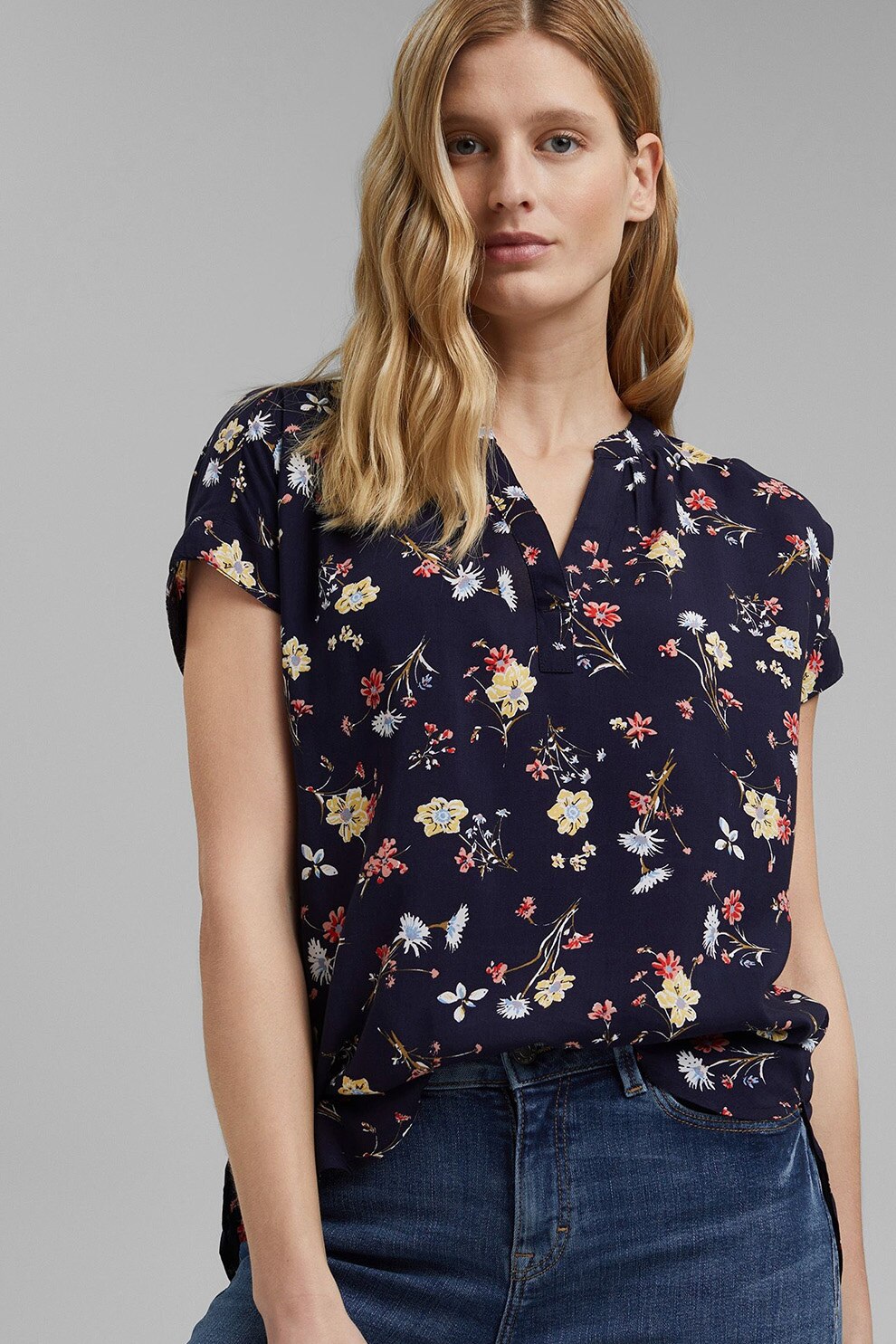 Esprit, Bluza cu maneci scurte si imprimeu, Bleumarin/Alb/Galben