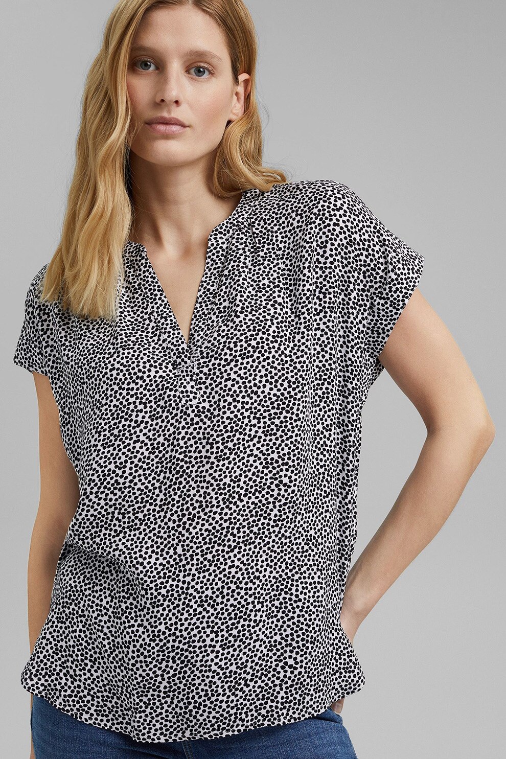 Esprit, Bluza cu maneci scurte si imprimeu, Alb/Bleumarin inchis