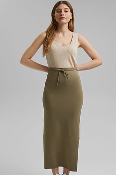 EDC by Esprit, Fusta din amestec de bumbac organic cu slituri laterale, Verde militar EDC by Esprit, Fusta din amestec de bumbac organic cu slituri laterale, Verde militar