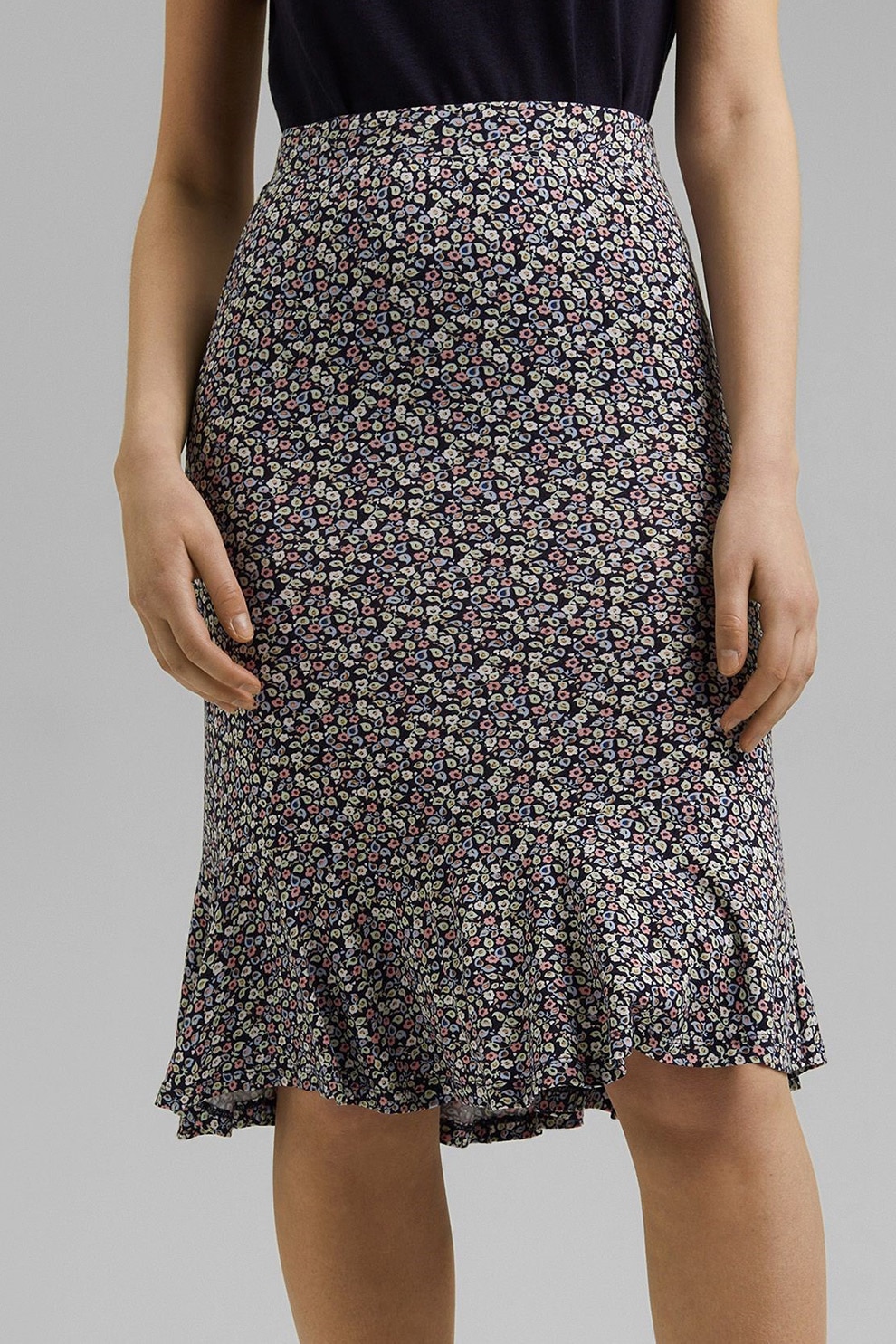 EDC by Esprit, Fusta cu imprimeu floral si terminatie evazata, bleumarin inchis, verde pal, alb, 2XL