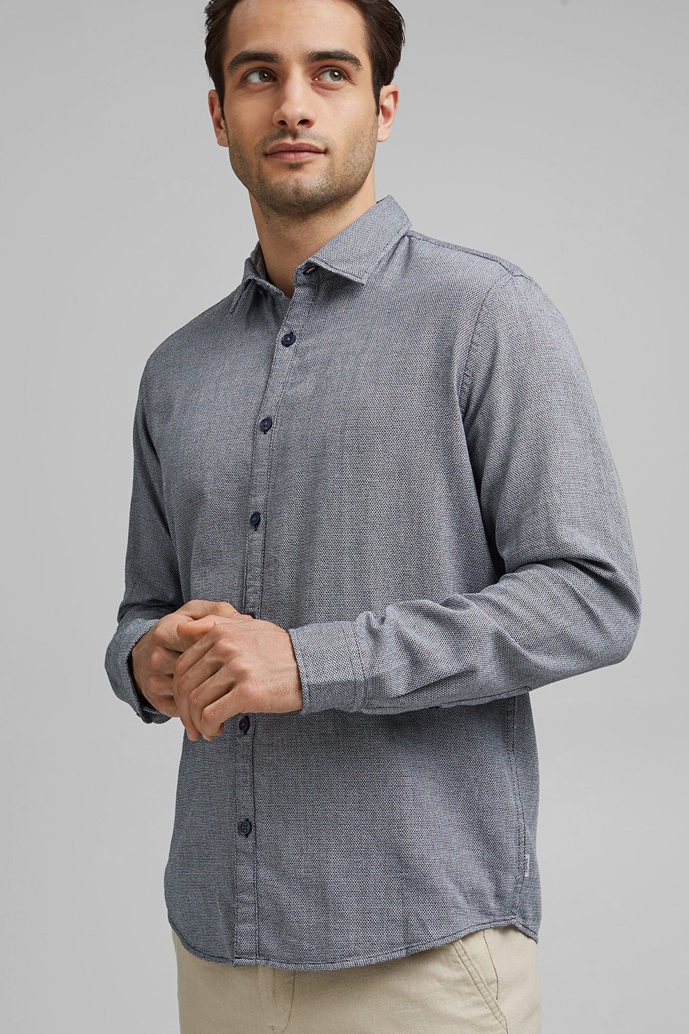 Esprit, Camasa regular fit de bumbac organic cu aspect texturat, Albastru inchis