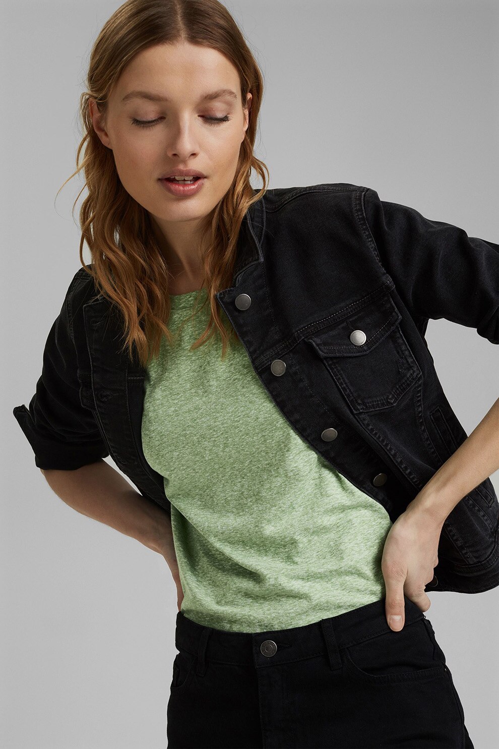 Esprit, Tricou din amestec de bumbac organic, cu maneci cazute, Verde sparaghel