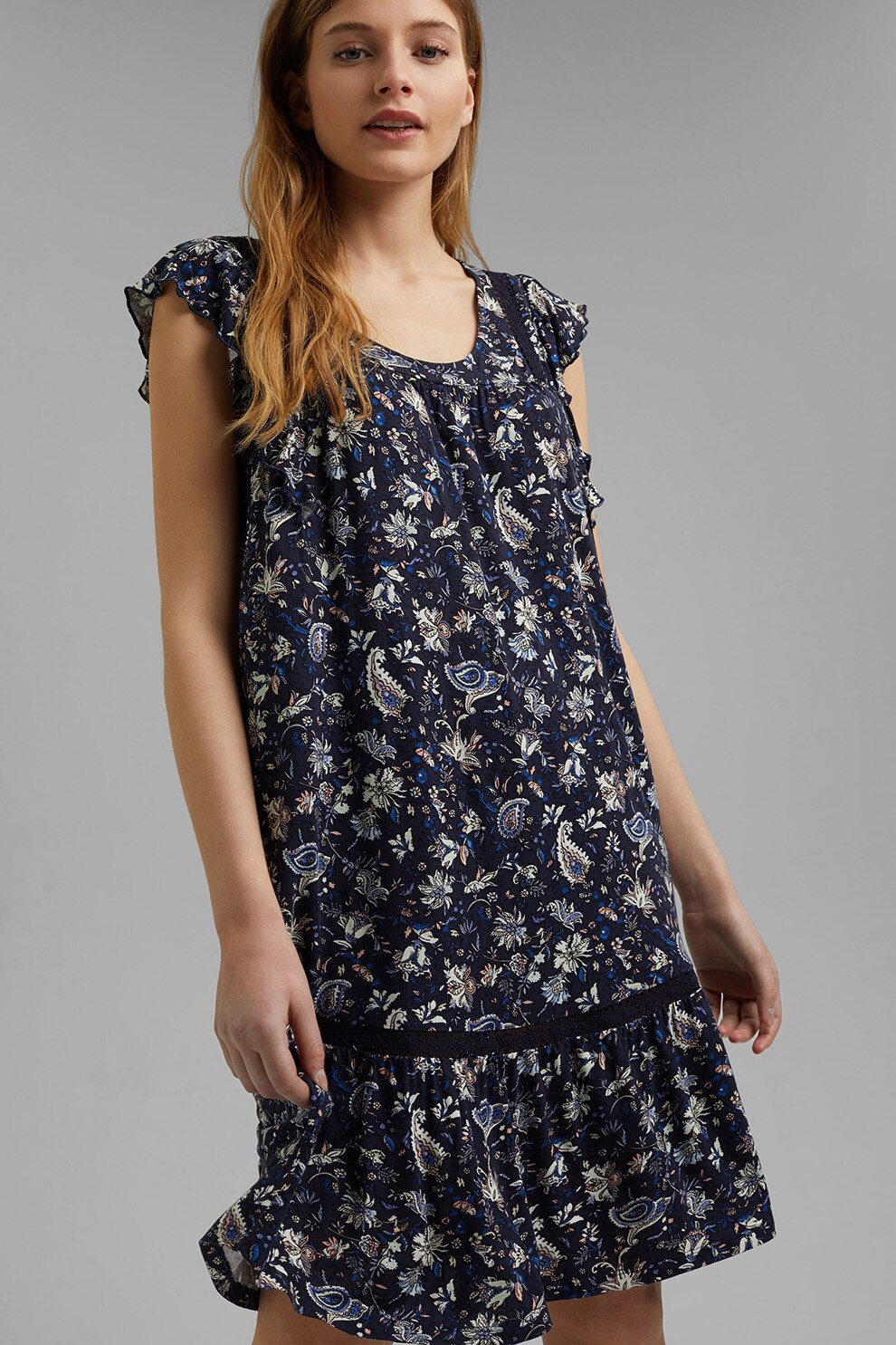 EDC by Esprit, Rochie lejera cu terminatie evazata, bleumarin inchis, alb