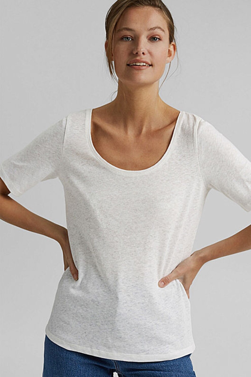 Esprit, Tricou din amestec de in cu decolteu rotund, Alb