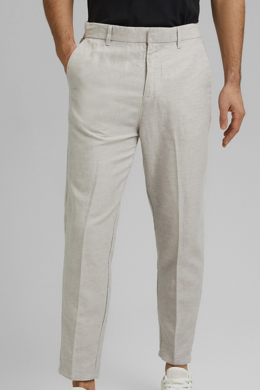 Esprit, Pantaloni chino crop din amestec de bumbac si in, Maro nisip