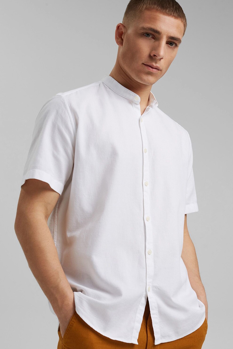 Esprit, Camasa texturata de bumbac organic cu guler Mao, Alb, S