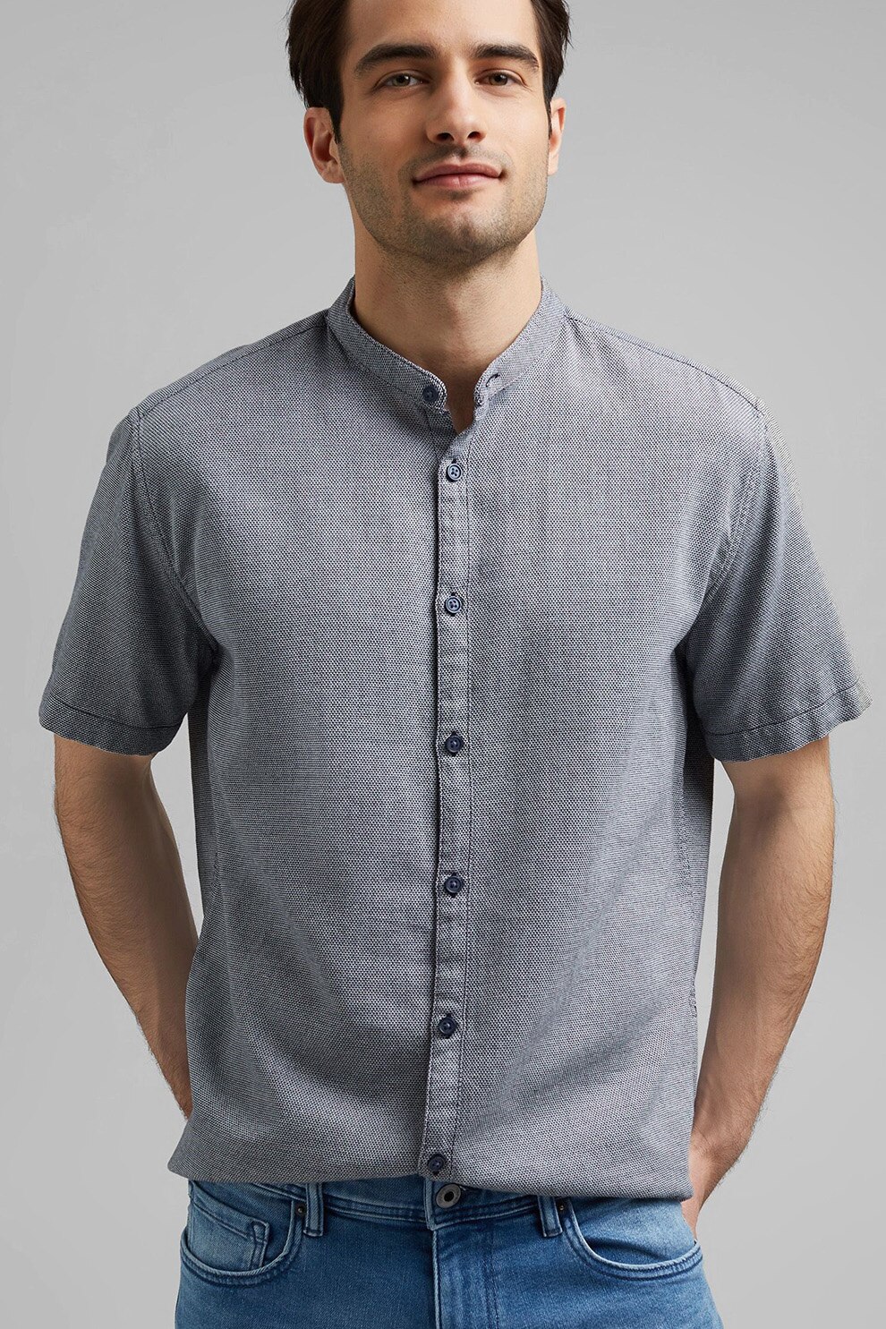 Esprit, Camasa texturata de bumbac organic cu guler Mao, Albastru inchis, S