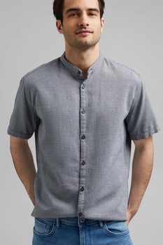 Esprit, Camasa texturata de bumbac organic cu guler Mao, Albastru inchis, S Esprit, Camasa texturata de bumbac organic cu guler Mao, Albastru inchis, S