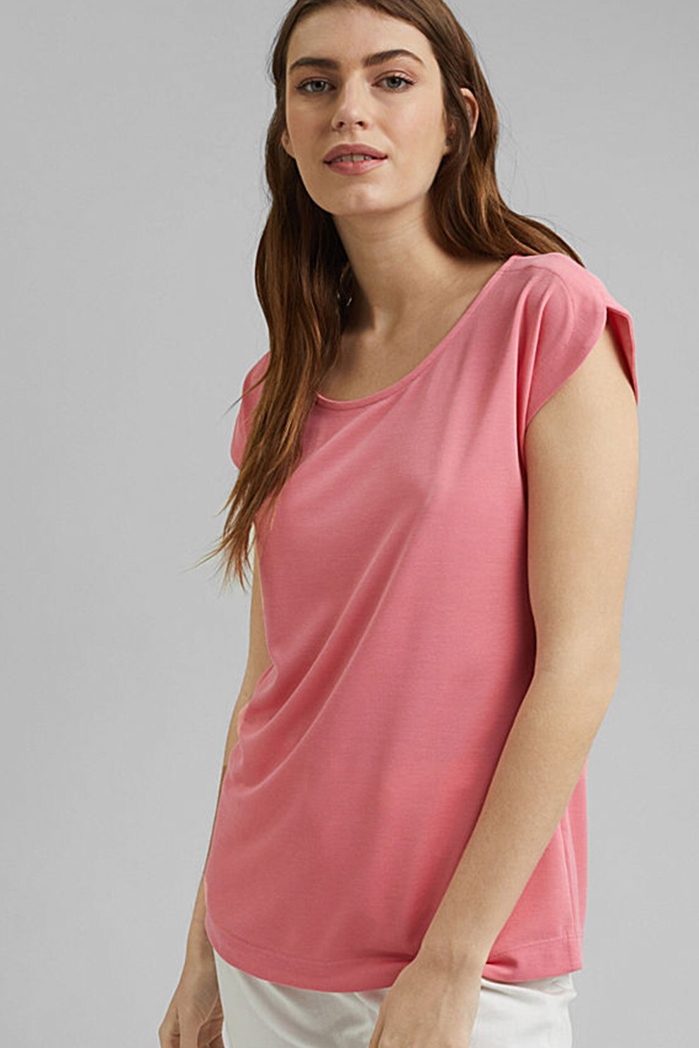 Esprit, Tricou din amestec de modal cu decolteu barcuta, Roz